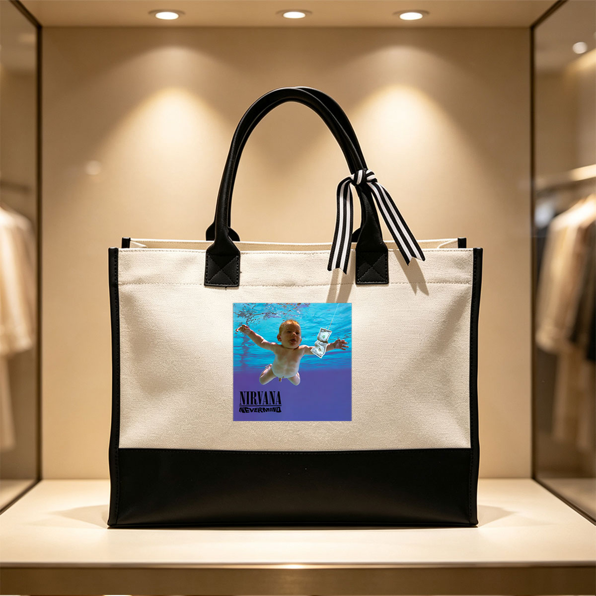Nirvana - Nevermind Album Cover: Baby Underwater Reaching for Dollar Bill - Canvas patchwork gift tote bag