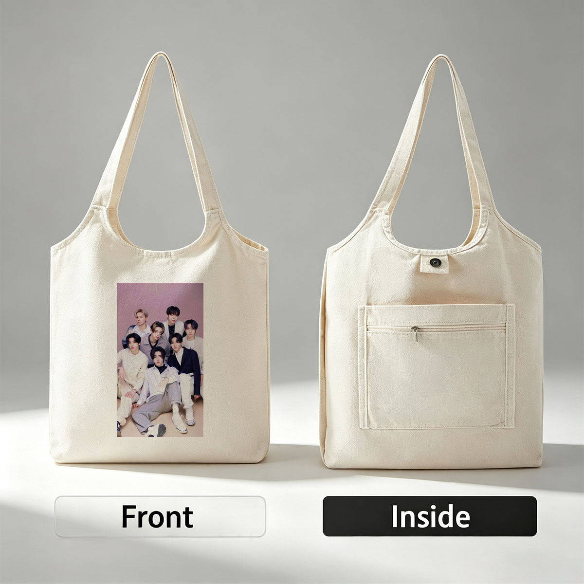 ENHYPEN Group Photo in Stylish Outfits Against Soft Pink Background - Canvas shoulder bags/