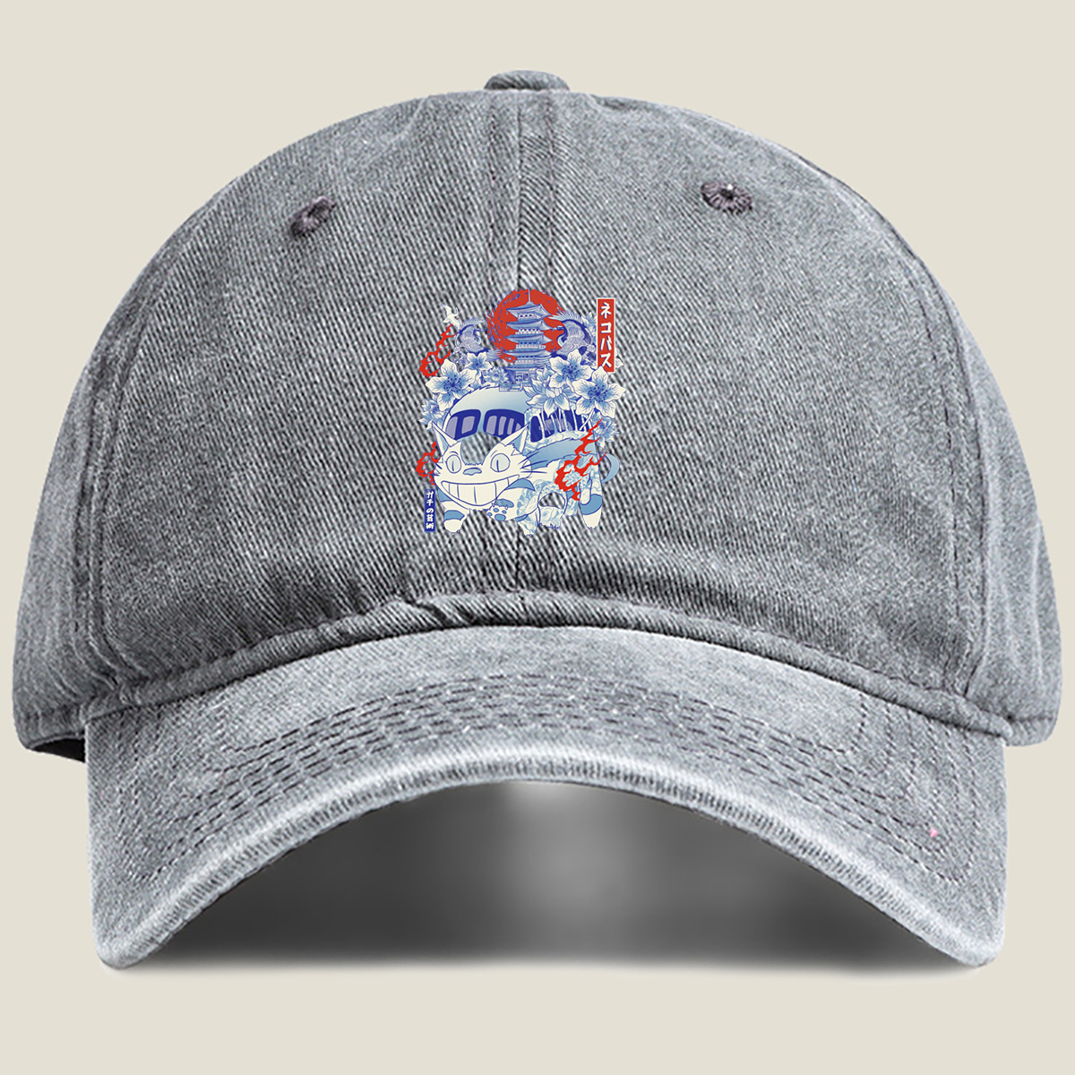Neko Pass: Catbus and Cherry Blossoms - Washed Denim - Baseball Cap