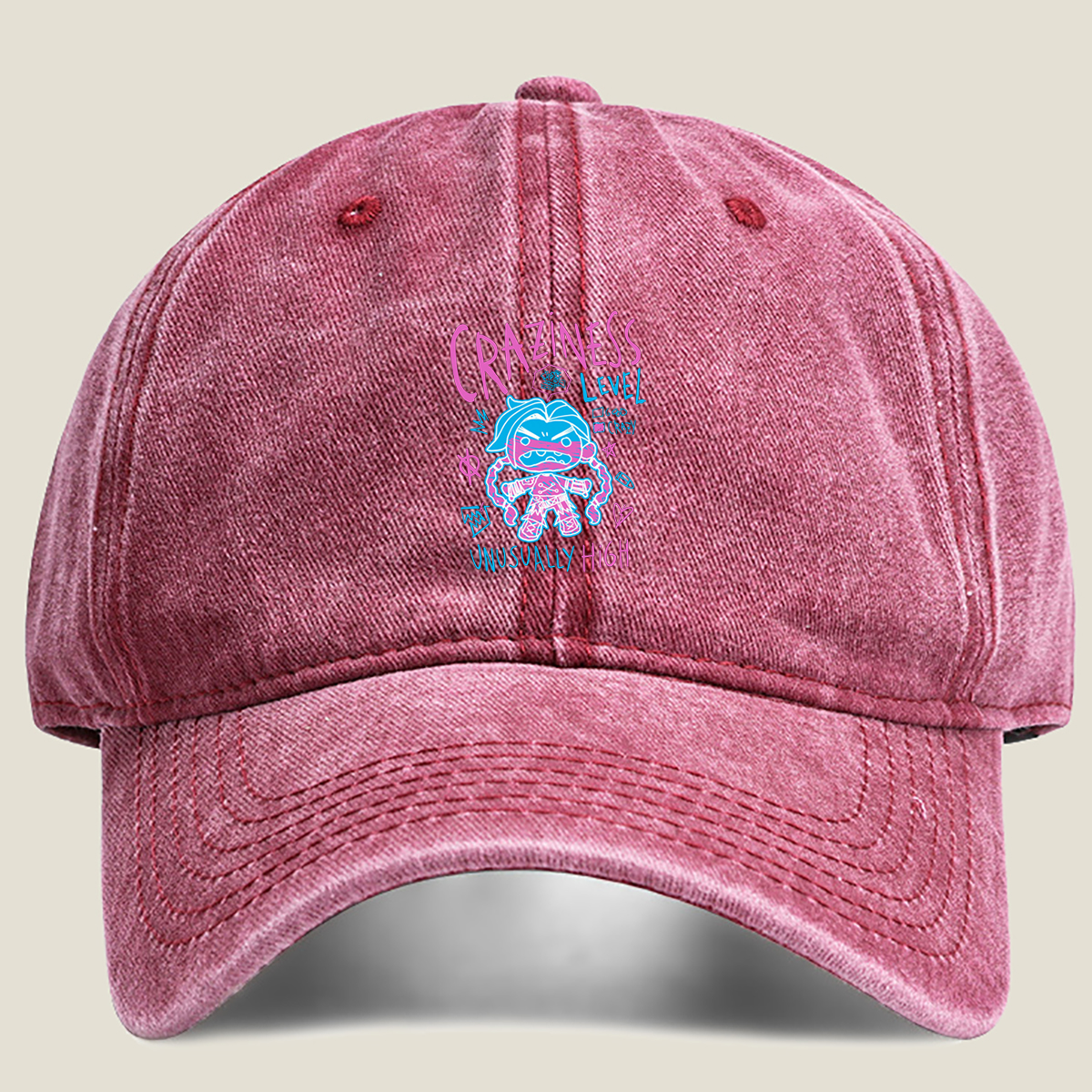Craziness Level: Unusually High - Blue Character with Pink Accents - Washed Denim - Baseball Cap