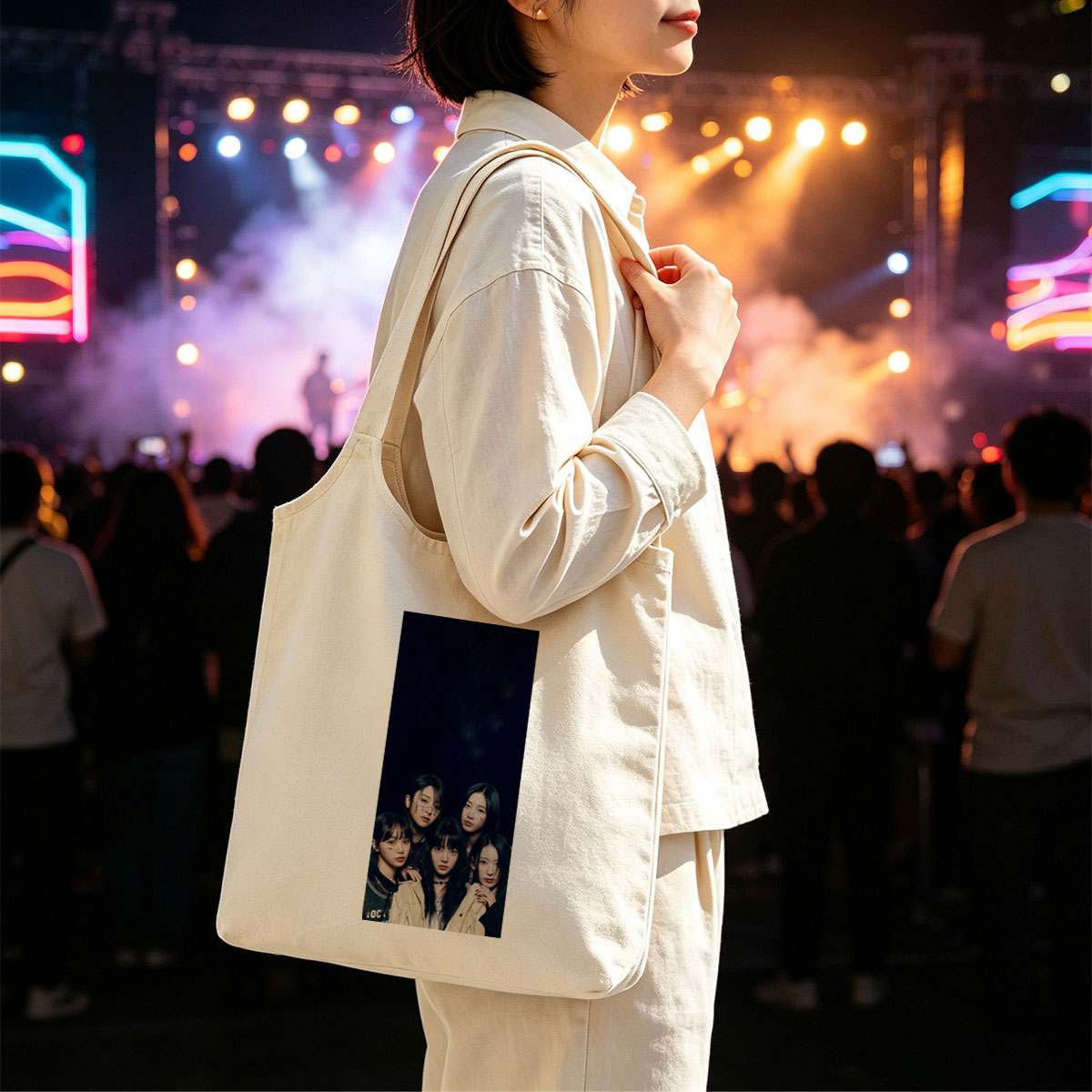 NewJeans Group Photo in Dark Rainy Setting with Dramatic Lighting and Bold Fashion Styles - Canvas shoulder bags/