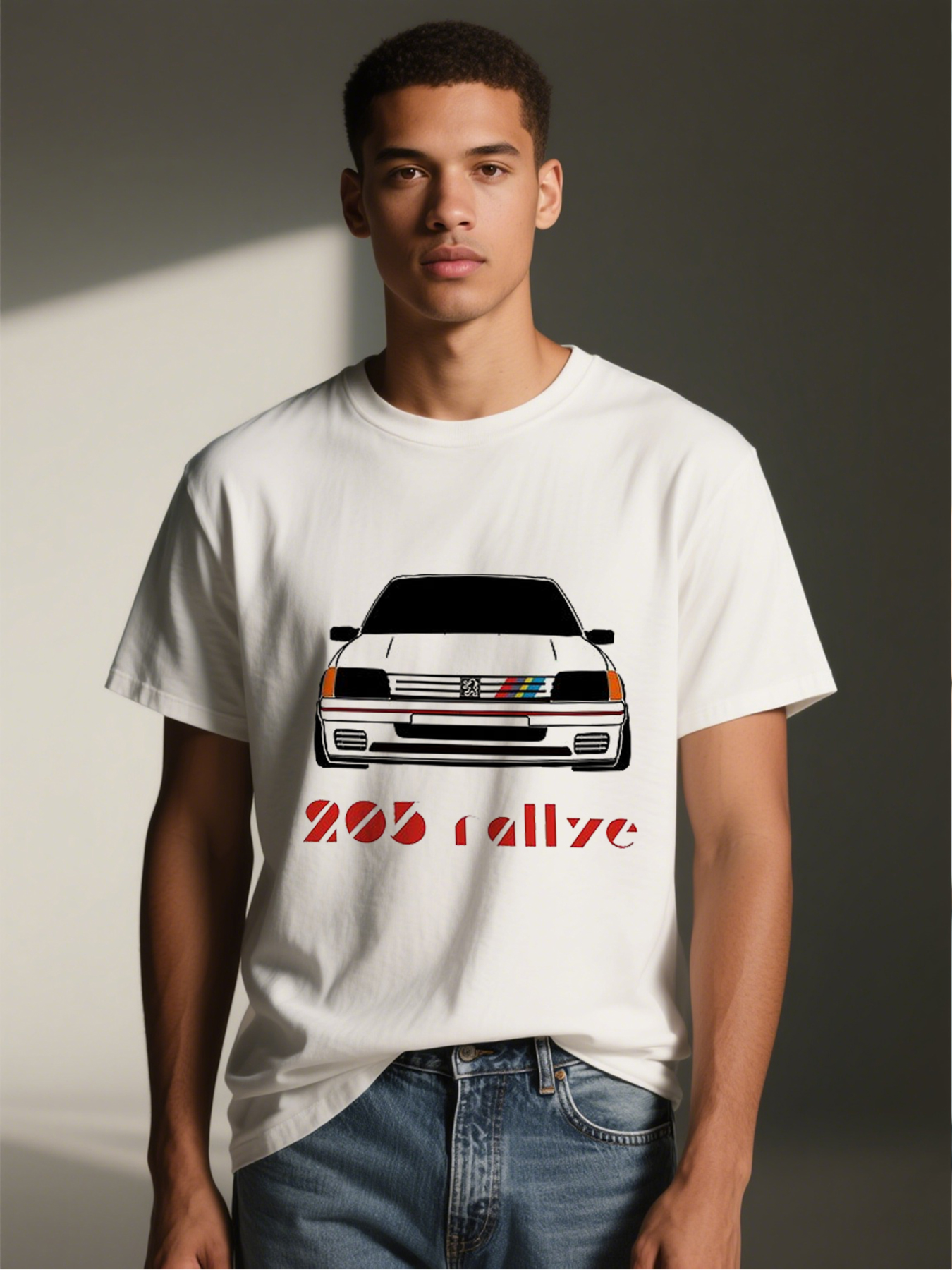 Men's Printed T-Shirt Featuring 205 Rallye Car Graphic and Text, Casual Round Neck Summer Lightweight Breathable Short Sleeve T-Shirt for Car Enthusiasts and Motorsport Fans