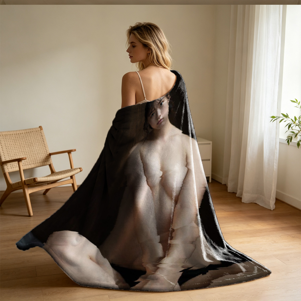 A woman in black lace lingerie and mask posing by a Christmas tree. - Blanket