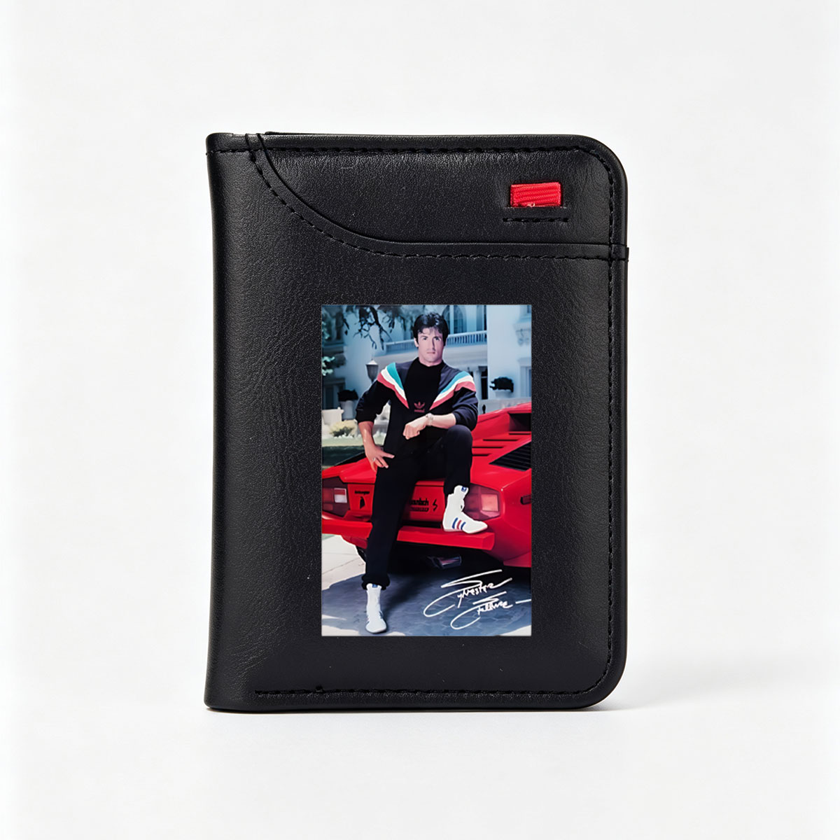 Sylvester Stallone in 80s Fashion, Sitting on a Red Car - Vertical Style Wallet
