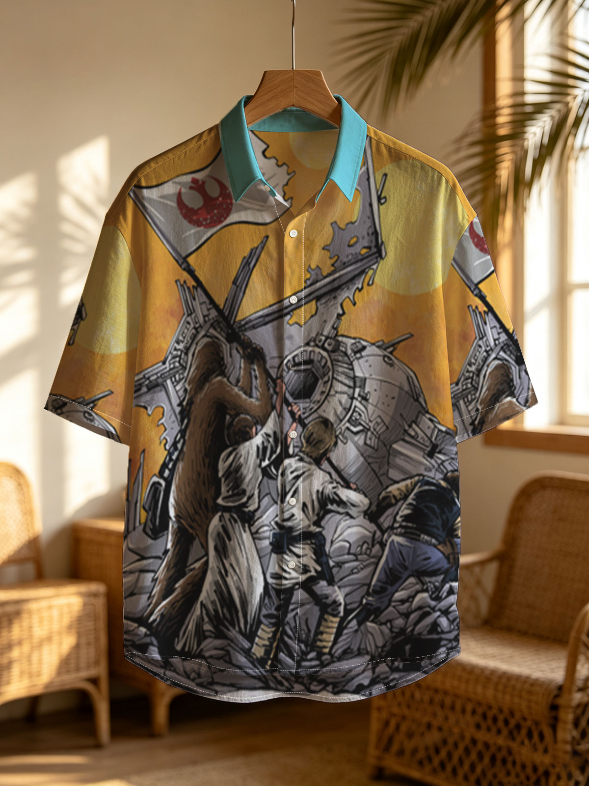 Rebel Alliance: Chewbacca, Luke Skywalker, Han Solo, and Princess Leia Rally Around the Millennium Falcon Amidst a Desert Battle Scene -  Shirt