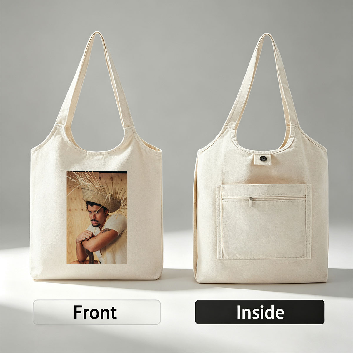 Bad Bunny Wearing a Straw Hat with Hay Sticks, Leaning Against a Wooden Wall in a Casual Pose - Canvas shoulder bags/