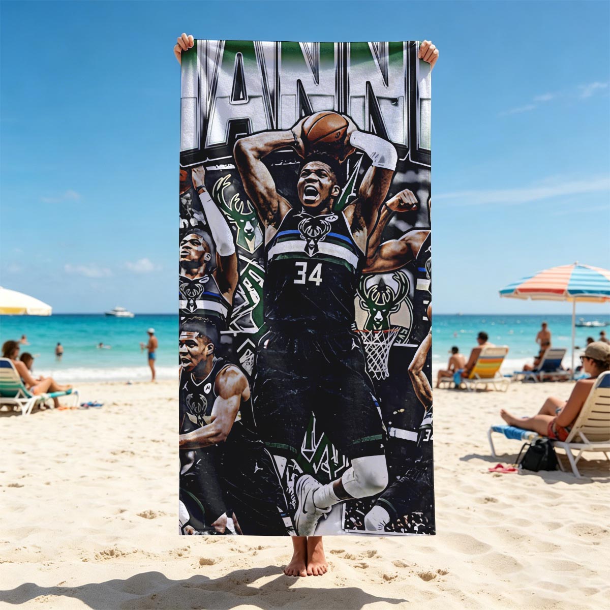 Giannis Antetokounmpo Milwaukee Bucks Basketball Action Montage - Beach towels