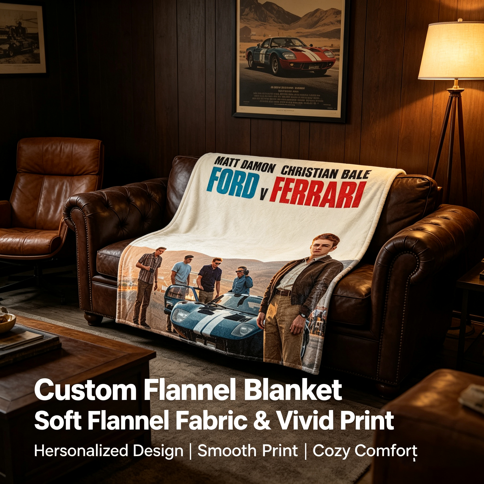 Custom Face Blanket Ford v Ferrari Movie Poster Flannel Blanket for Car Enthusiasts and Movie Fans – Perfect Gift or Giveaway for Racing and Classic Film Lovers