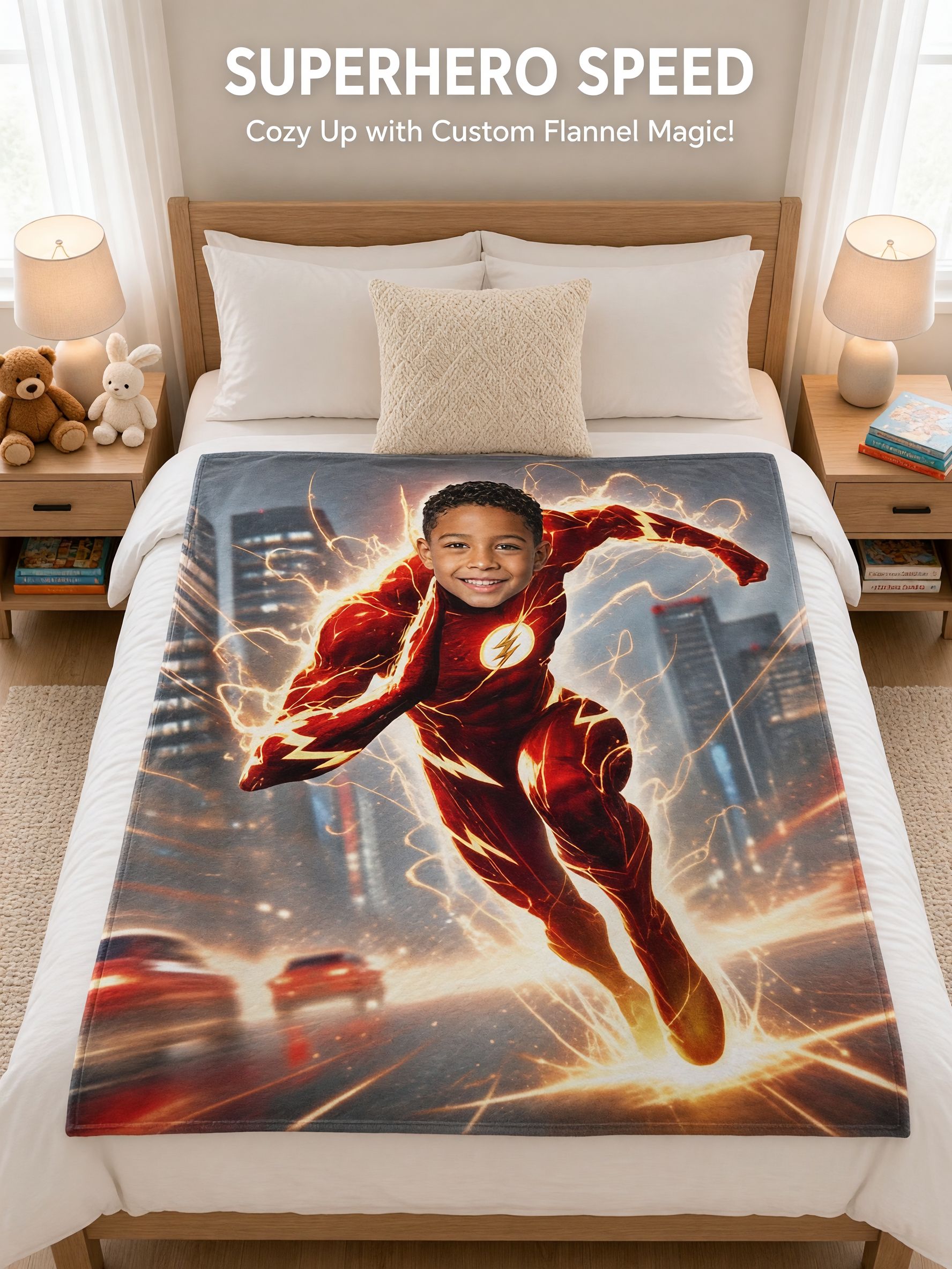 Personalized Superhero Face Photo Blanket Custom Flannel Fleece Throw Soft Skin Friendly Bed Couch Gift for Kids