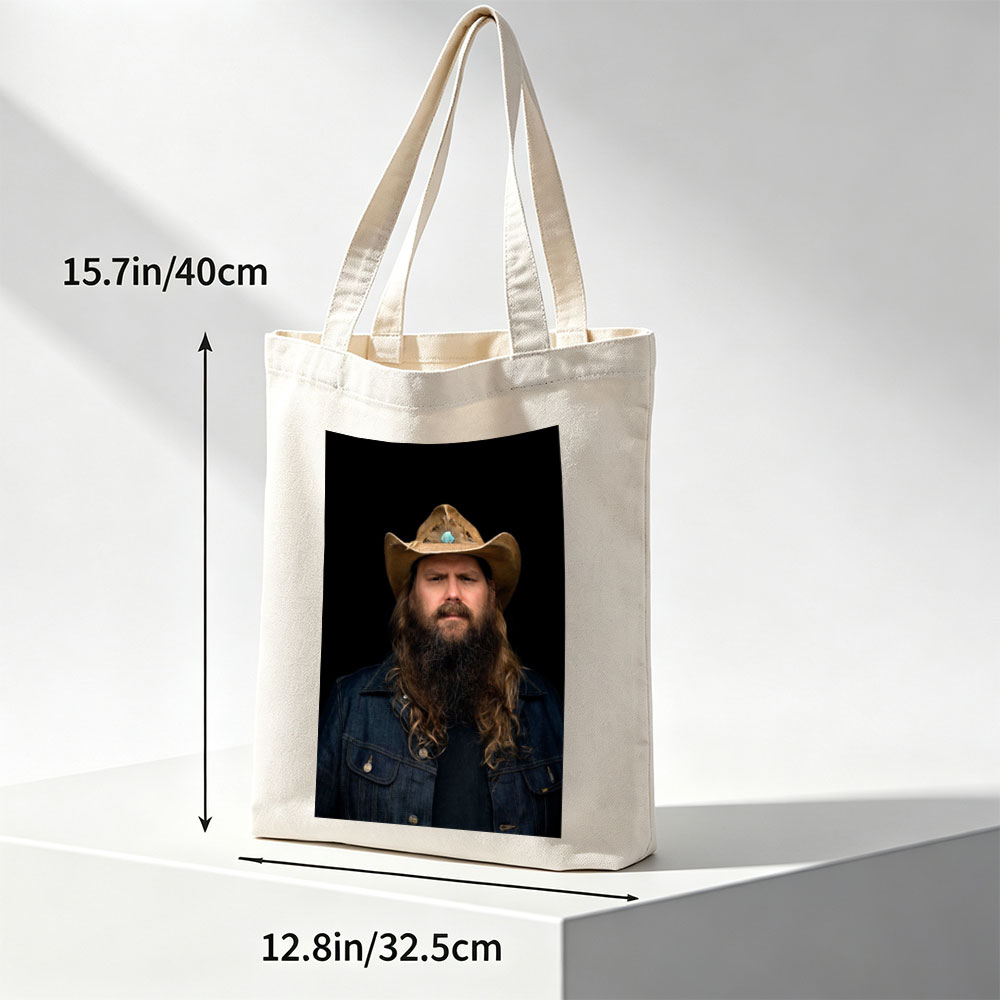 Chris Stapleton in Cowboy Hat and Denim Jacket with Long Beard on Black Background - Canvas tote bags