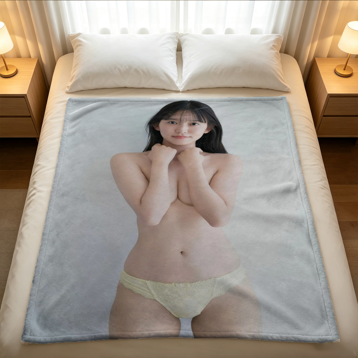 Smiling woman in black and gold lace lingerie posing on bed. - Blanket