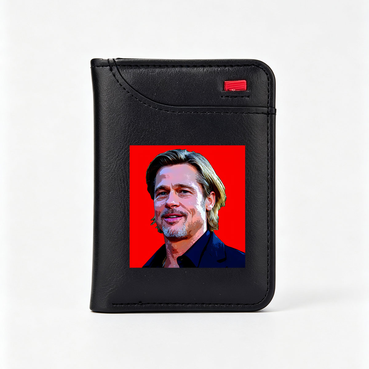 Brad Pitt in a stylized portrait with vibrant red background - Vertical Style Wallet