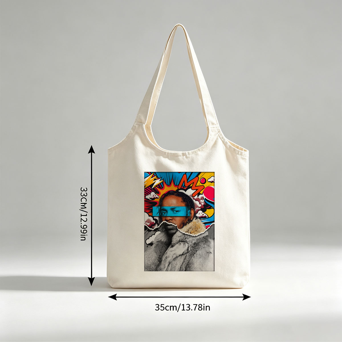 Kendrick Lamar in a Fur Coat with Comic-Style Background and Blue Eye Mask - Canvas shoulder bags/