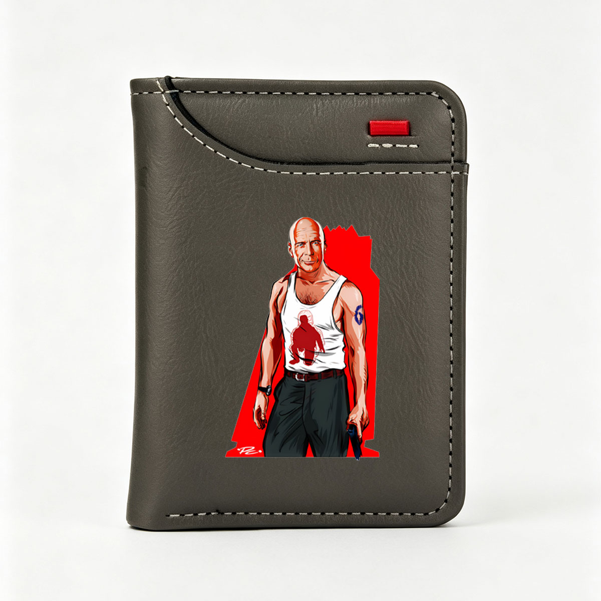 Bruce Willis as John McClane in Die Hard, wearing a tank top with a red silhouette and holding a gun, set against a bold red background. - Vertical Style Wallet