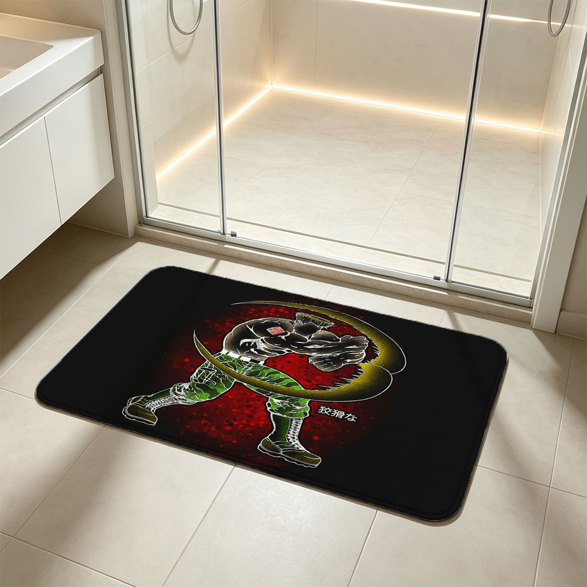 Muscular Soldier with Crescent Moon and Japanese Text - Flannel floor mat