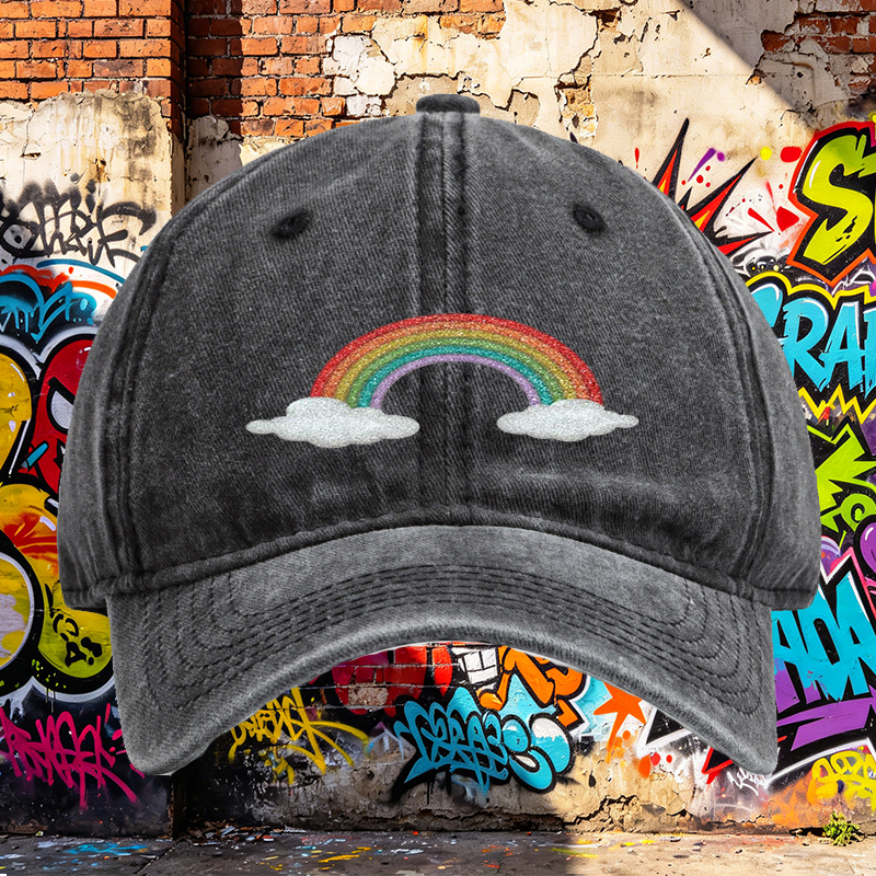 Unisex Classic Washed Cap with Glitter Rainbow and Cloud Print - Perfect for Casual Outings, Festivals, and Everyday Wear - Ideal for Youth and Adults Seeking Fun, Trendy Headwear