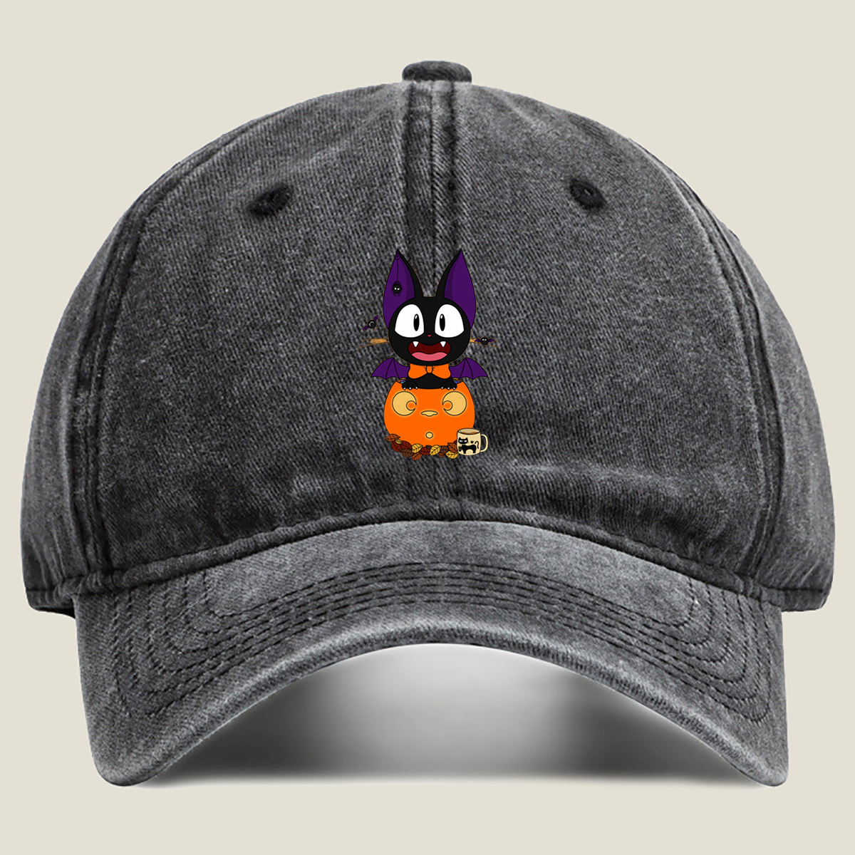 Halloween Cat with Pumpkin and Bat Wings - Washed Denim - Baseball Cap