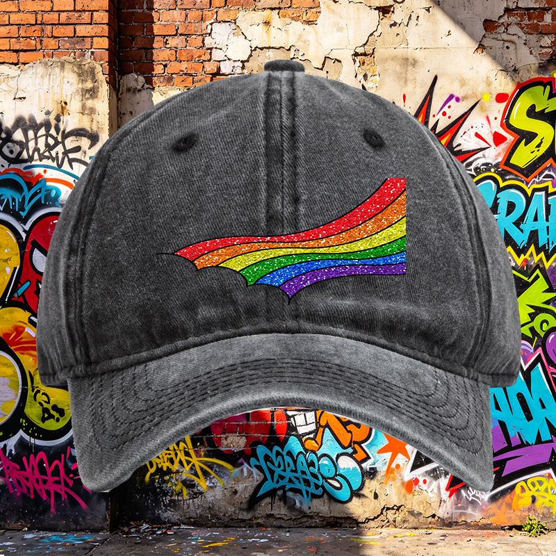 Unisex Classic Washed Cap with Rainbow Glitter Print + Unisex Classic Washed Cap for Outdoor Activities, Festivals, and Casual Wear + Suitable for Adults Who Love Colorful Fashion and Expressive Style