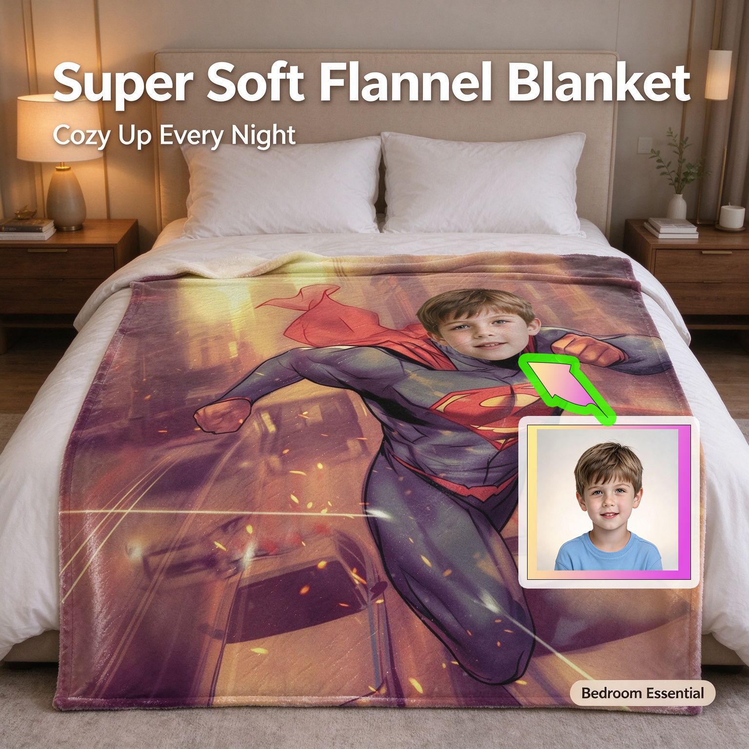 Personalized Superhero Face Photo Blanket Ultra Soft Flannel Throw Fleece Bedding Ideal Custom Birthday Gift for Kids