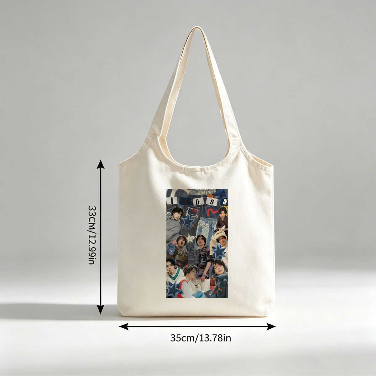 IMASE Members in a Denim-Themed Collage with Stars and Playful Elements - Canvas shoulder bags/