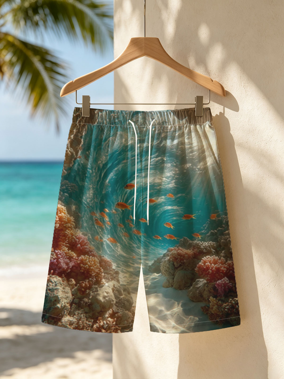 Sunlit Coral Cave with Swimming Fish -  Beach shorts