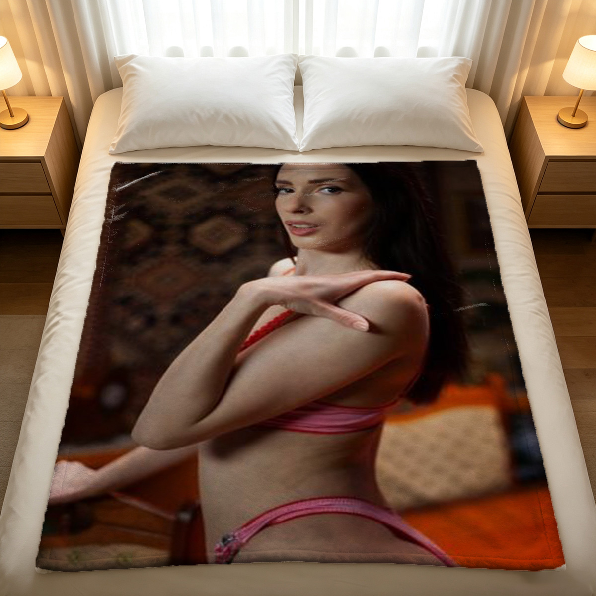 A woman in a striped shirt and high heels posing seductively in a living room. - Blanket