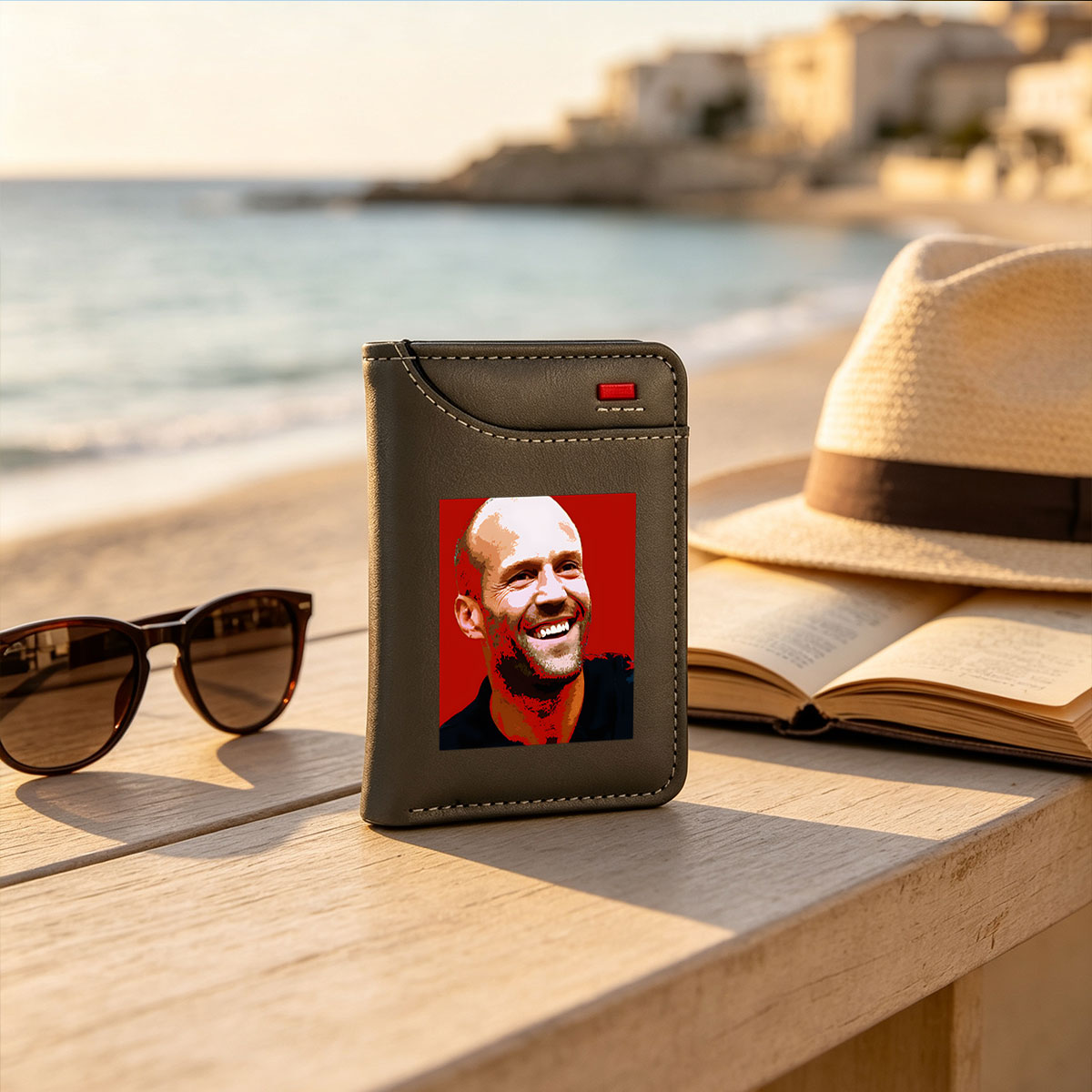 Jesse Ventura, former Governor of Minnesota and professional wrestler, smiling against a red background. - Vertical Style Wallet