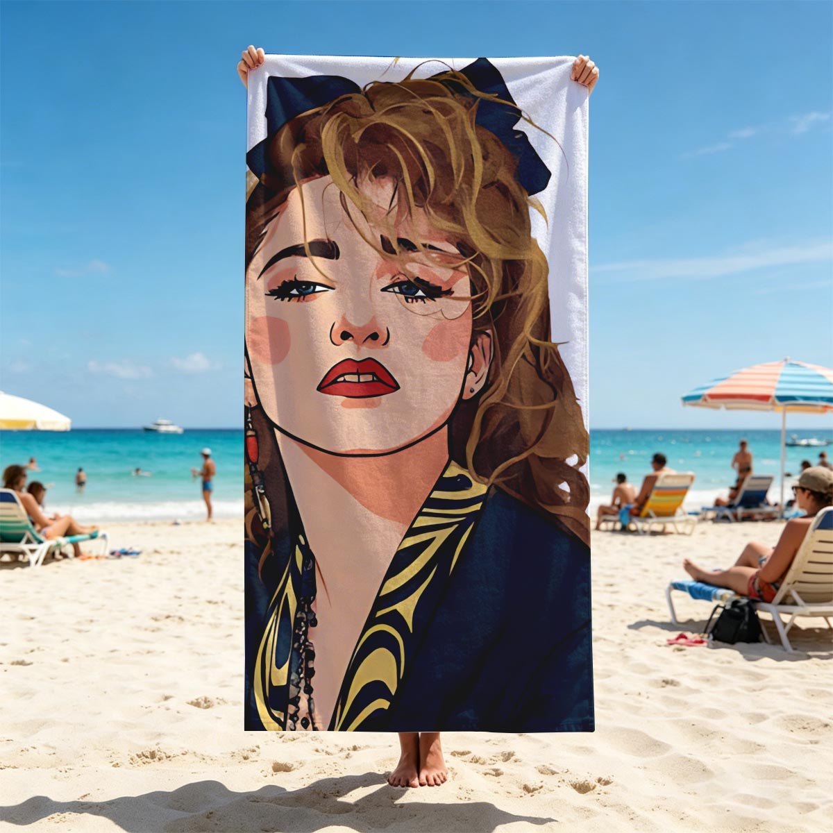 Portrait of a Woman with Blonde Hair and Blue Bow, Wearing a Navy Blue Top with Yellow Patterns - Beach towels