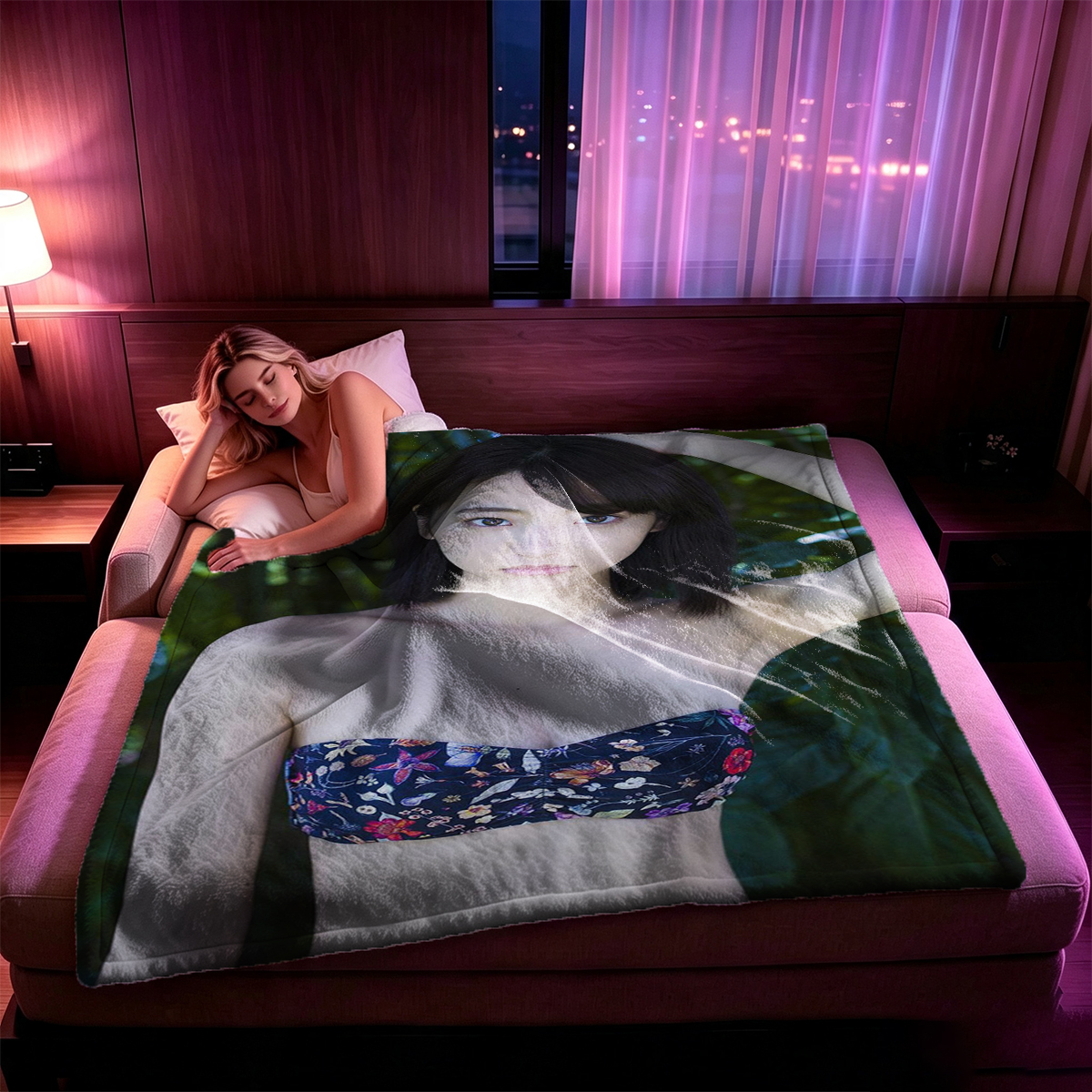 A young Asian woman with short black hair holding a painted nude torso canvas. - Blanket