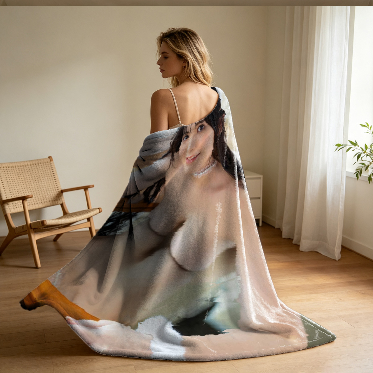 A woman in a black thong lying face down on a wooden table. - Blanket