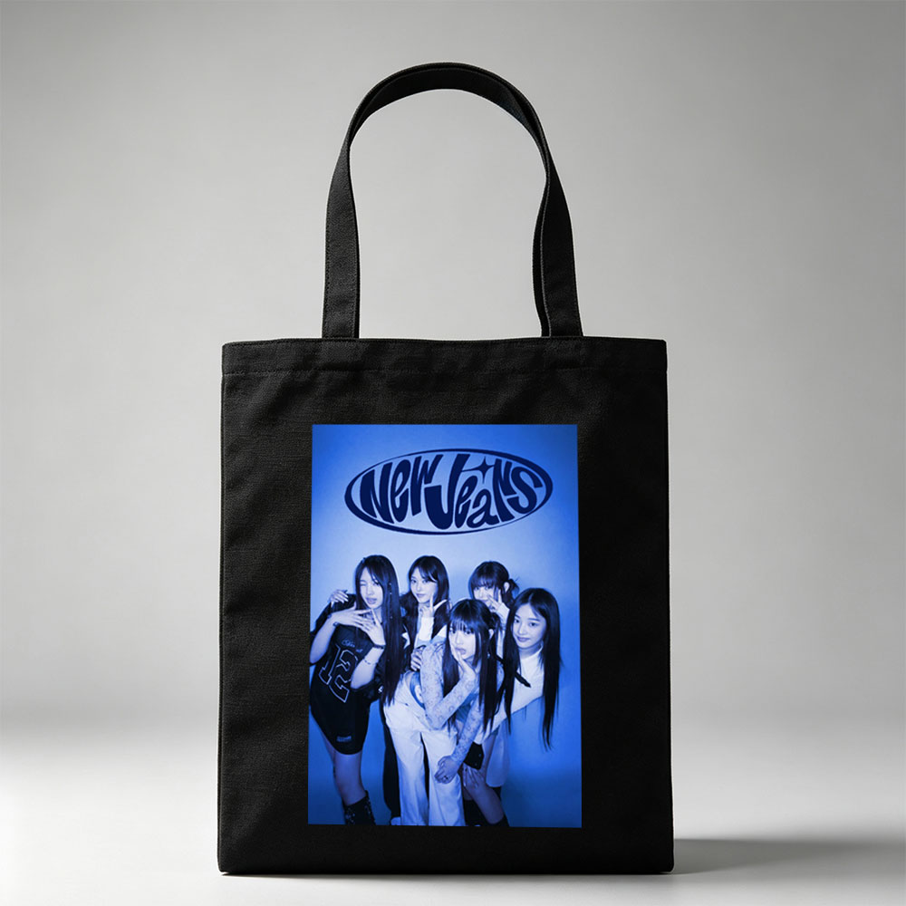 NewJeans Group Pose in Blue-Toned Studio Photo with Stylish Outfits and Confident Expressions - Canvas tote bags