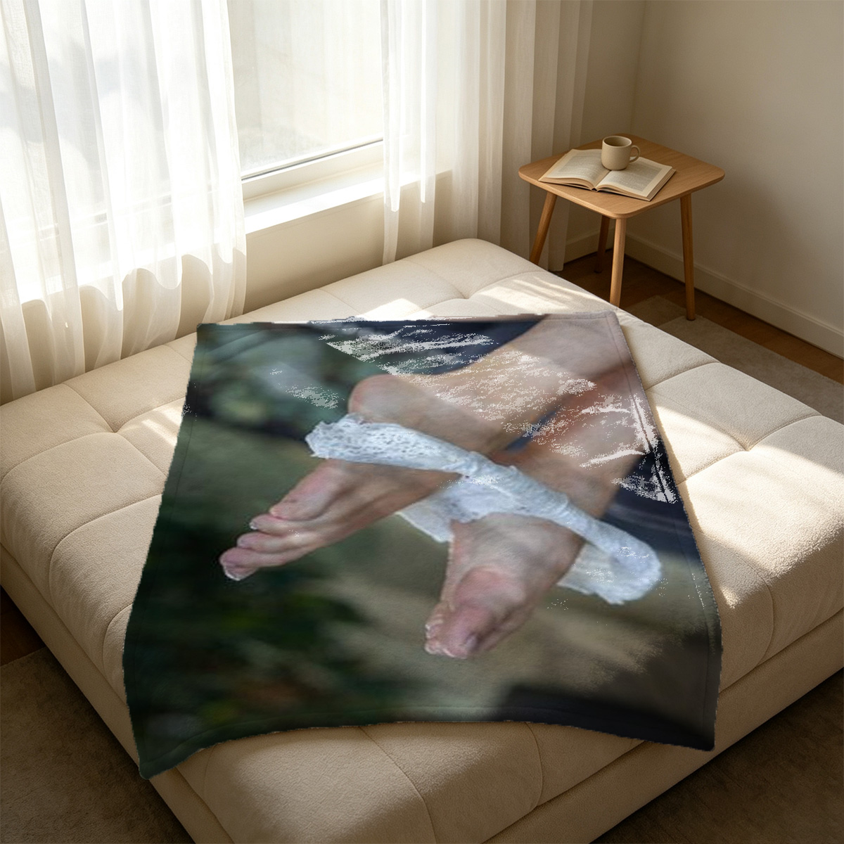 Nude woman in open white shirt by the window. - Blanket