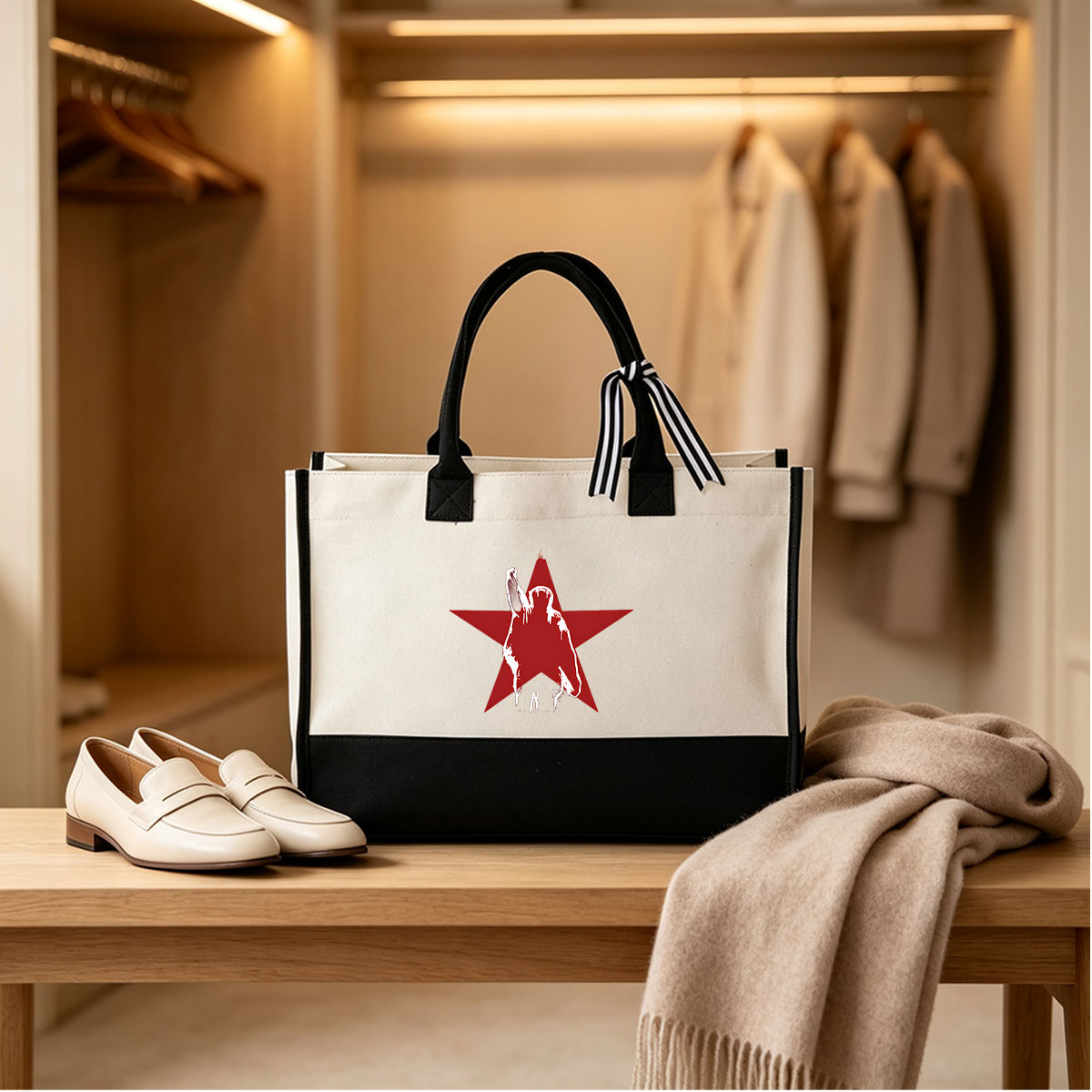 Mick Jagger Silhouette on Red Star Background - Canvas patchwork gift tote bag