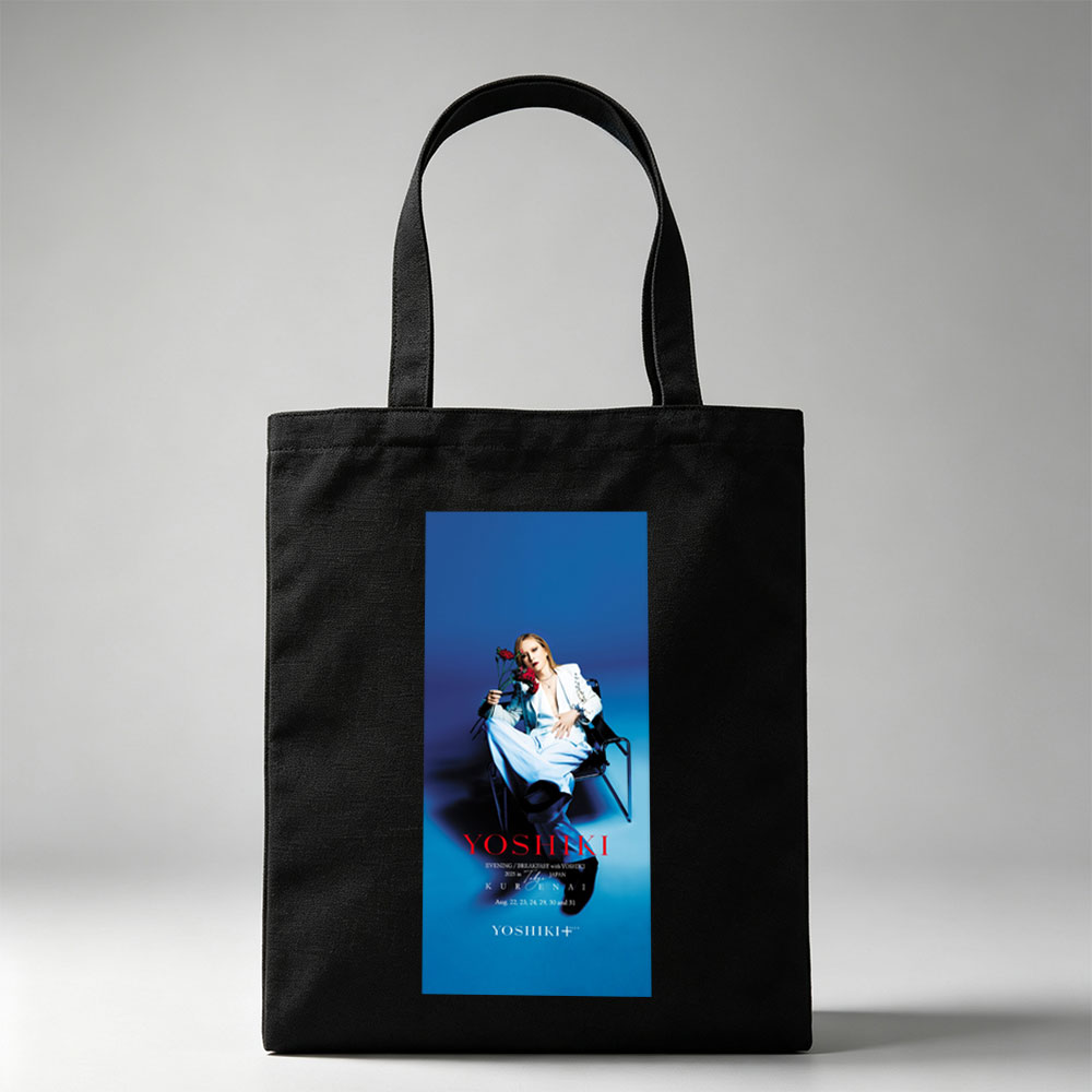 YOSHIKI Evening Breakfast with YOSHIKI 2025 in Tokyo Japan KURENAI Poster Featuring YOSHIKI Seated on Chair Holding Red Roses Against Blue Background - Canvas tote bags