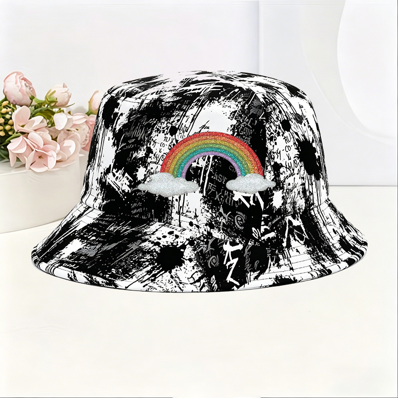 Unisex Classic Graffiti Bucket Hat with Glitter Rainbow and Cloud Print | Casual Streetwear Sun Protection Hat for Outdoor Activities, Travel, Festival | Perfect for Young Adults and Trendy Fashion Lovers