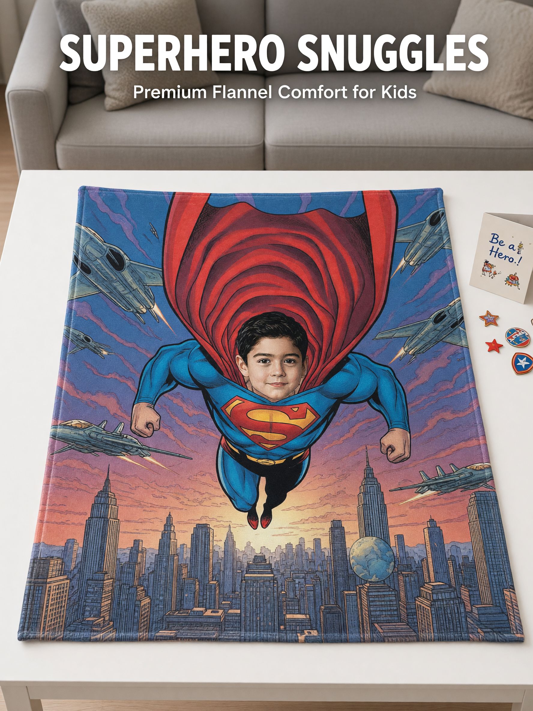 Custom Face Superhero Photo Flannel Blanket, Personalized Soft Warm Throw Blanket, Unique Gift for Kids and Comic Fans