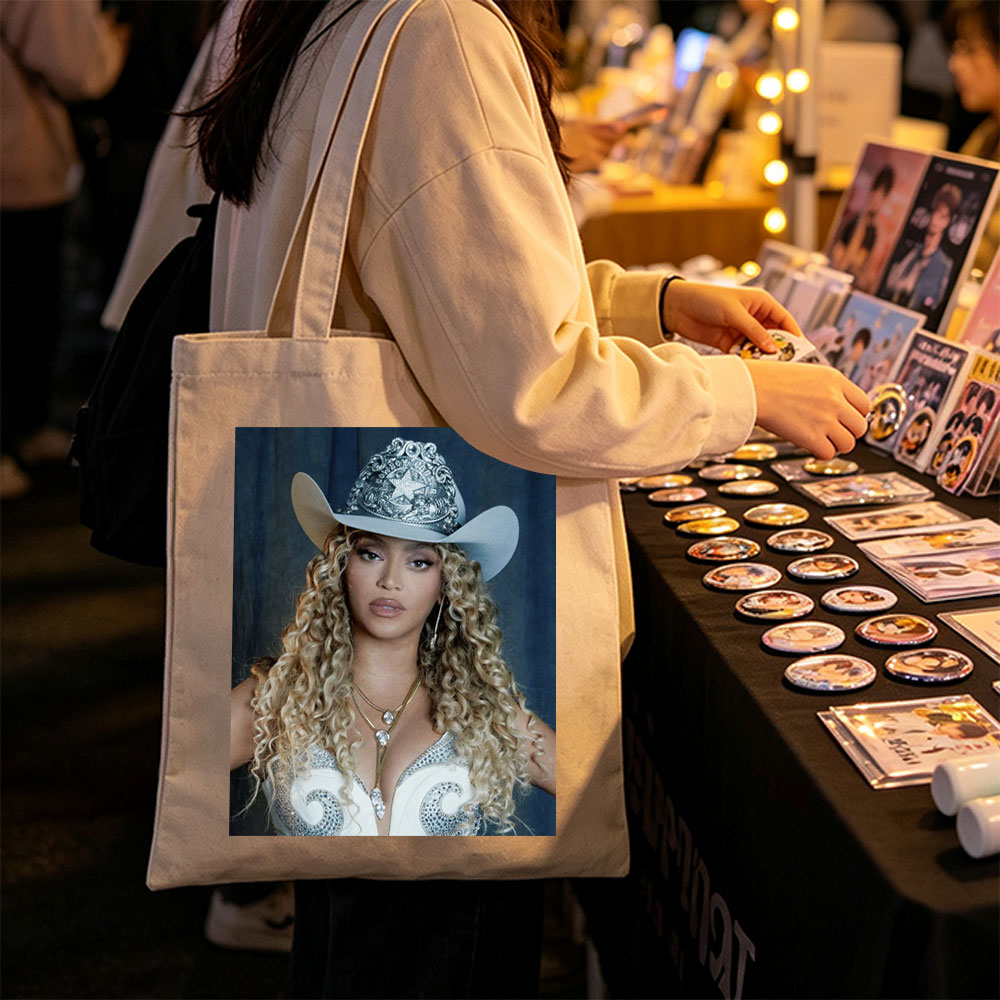Beyonce in Cowboy Hat and Sparkling Outfit with Long Curly Hair - Canvas tote bags
