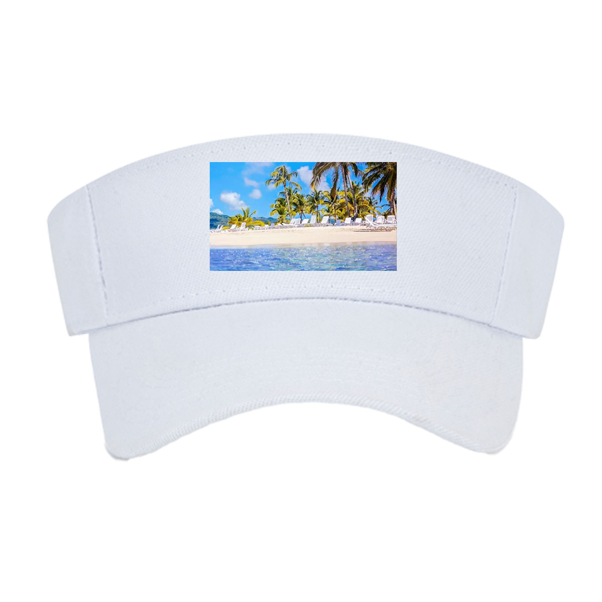 Sunny beach with palm trees and clear blue water -  Visor cap