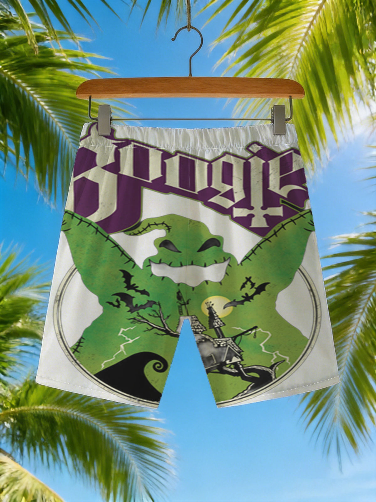 Boogie: Green Monster with Spooky Castle and Bats -  Beach shorts