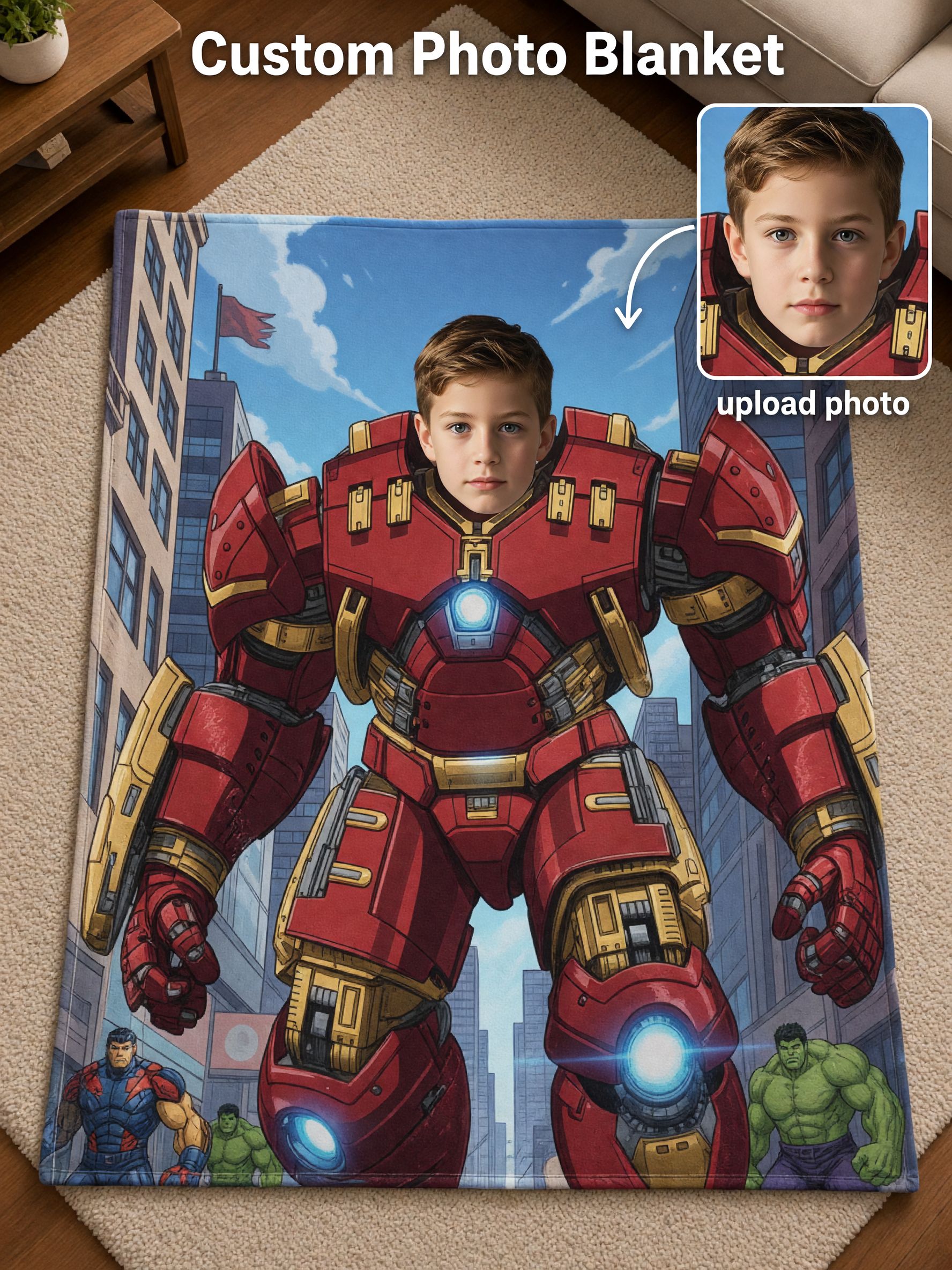 Custom Photo Superhero Armor Blanket Personalized Face Flannel Fleece Throw Skin Friendly Warm Bed Couch Gift for Boys