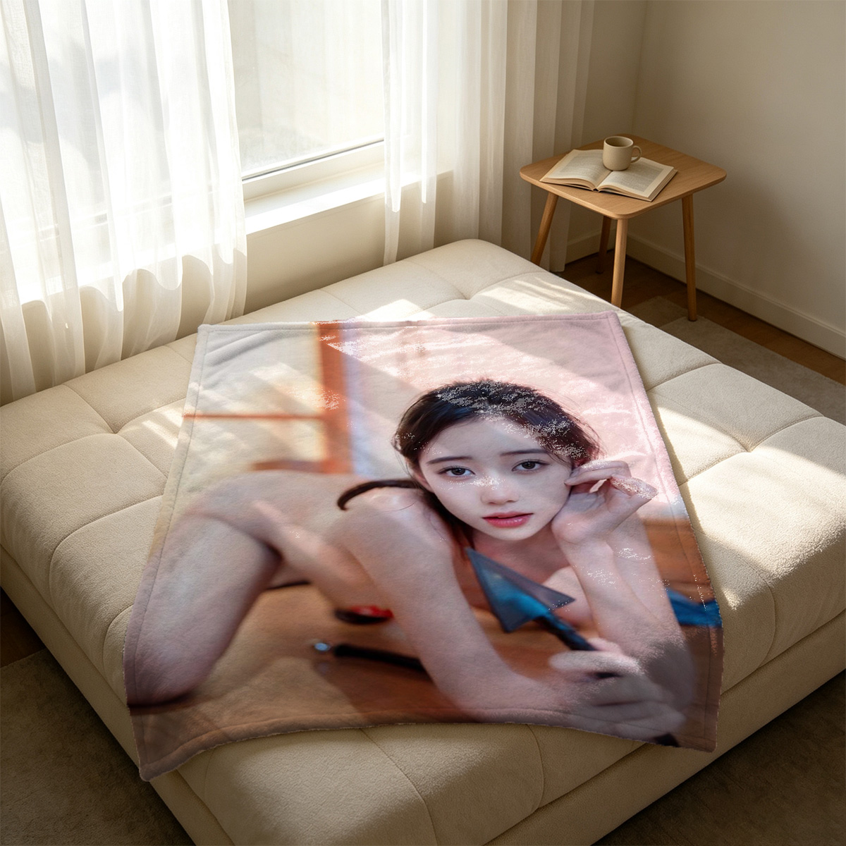 A young Asian bride in pink floral lingerie and sheer white veil squats seductively in high heels. - Blanket