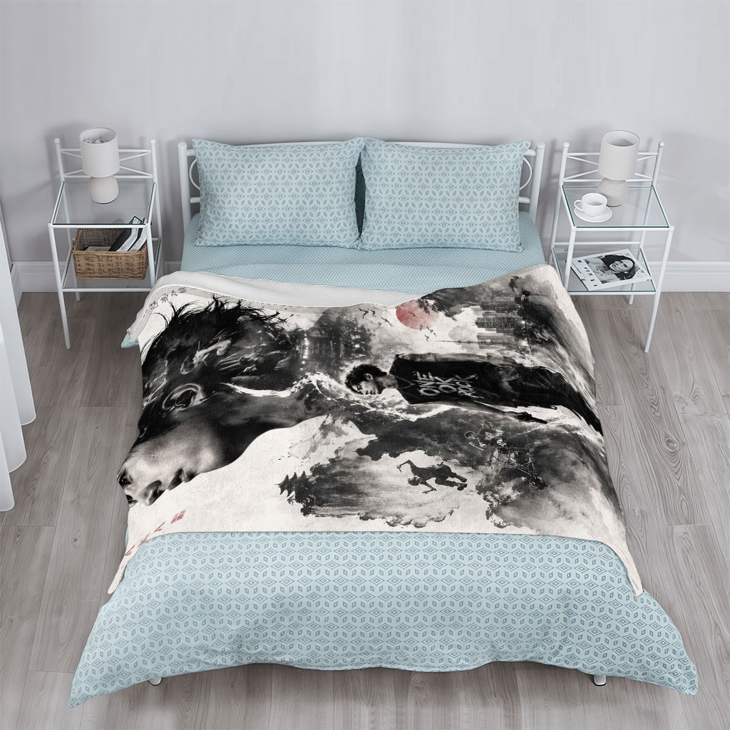 ONE OK ROCK TAKA in a Dramatic Monochrome Portrait with Traditional Japanese Landscape and Urban Elements - Blankets