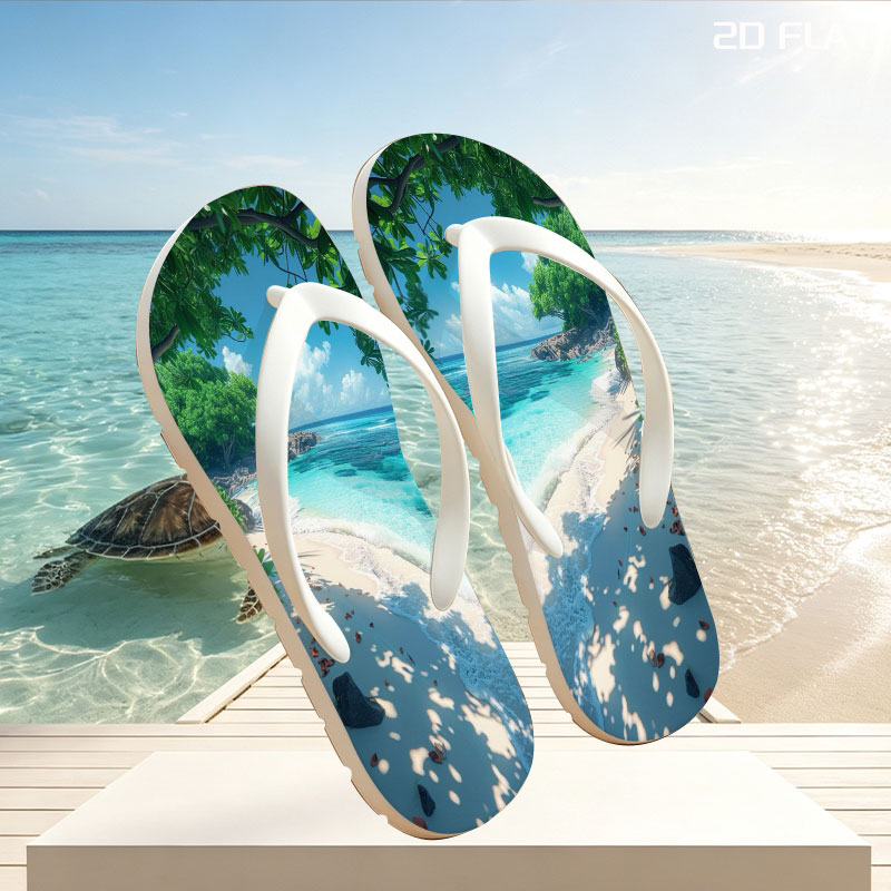 Tropical Beach with Crystal Clear Water and Lush Greenery -  flip-flops