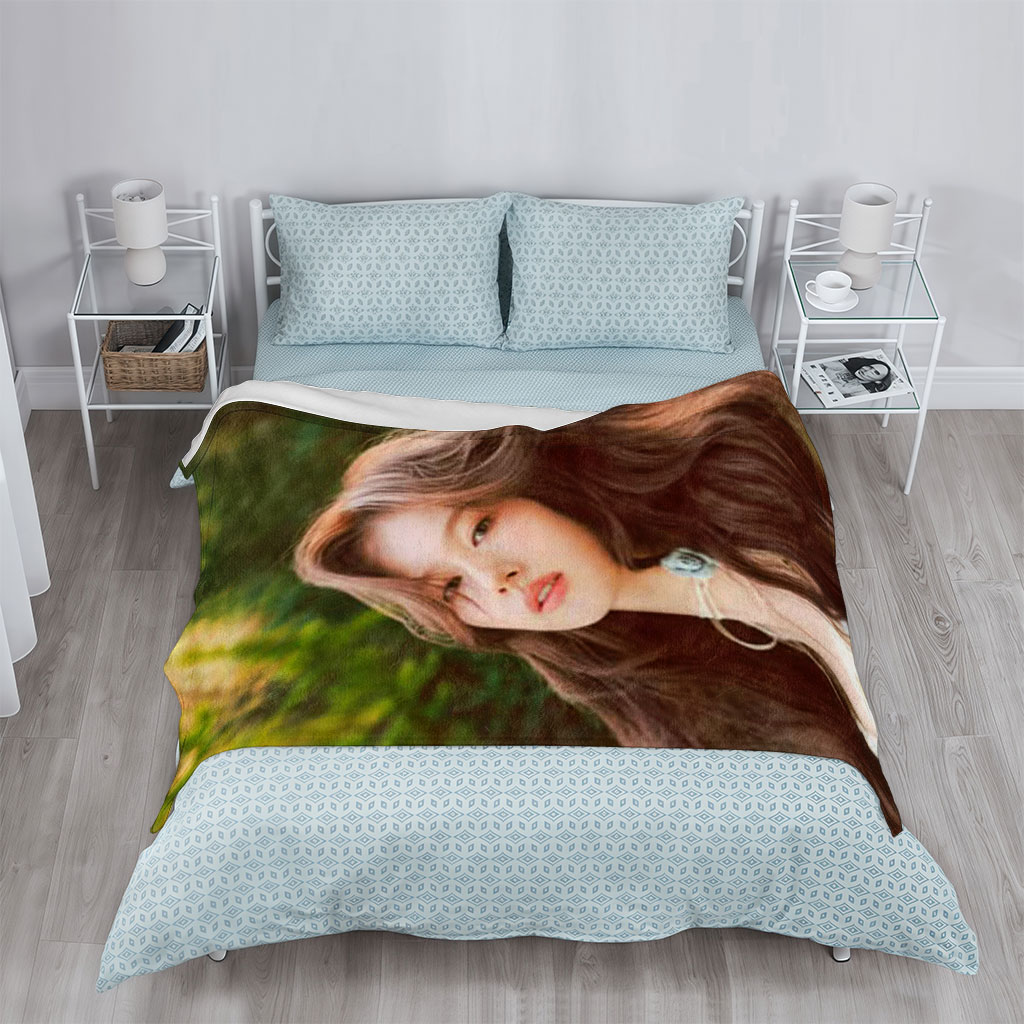KARINA of Aespa in a Serene Forest Setting Wearing a Delicate White Outfit with Flowing Hair - Blankets