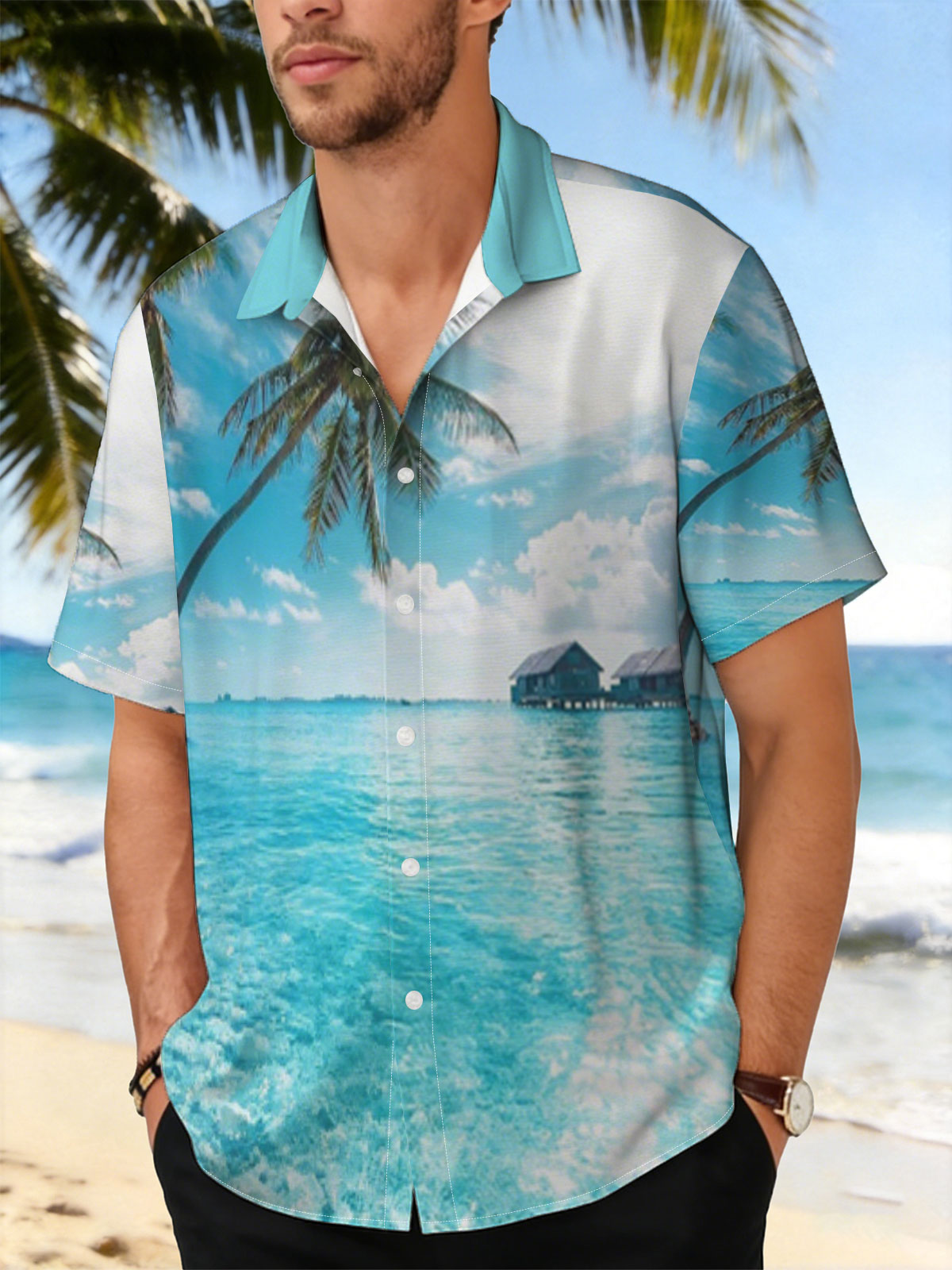 Tropical paradise with palm trees and overwater bungalows in crystal clear blue waters. -  Shirt