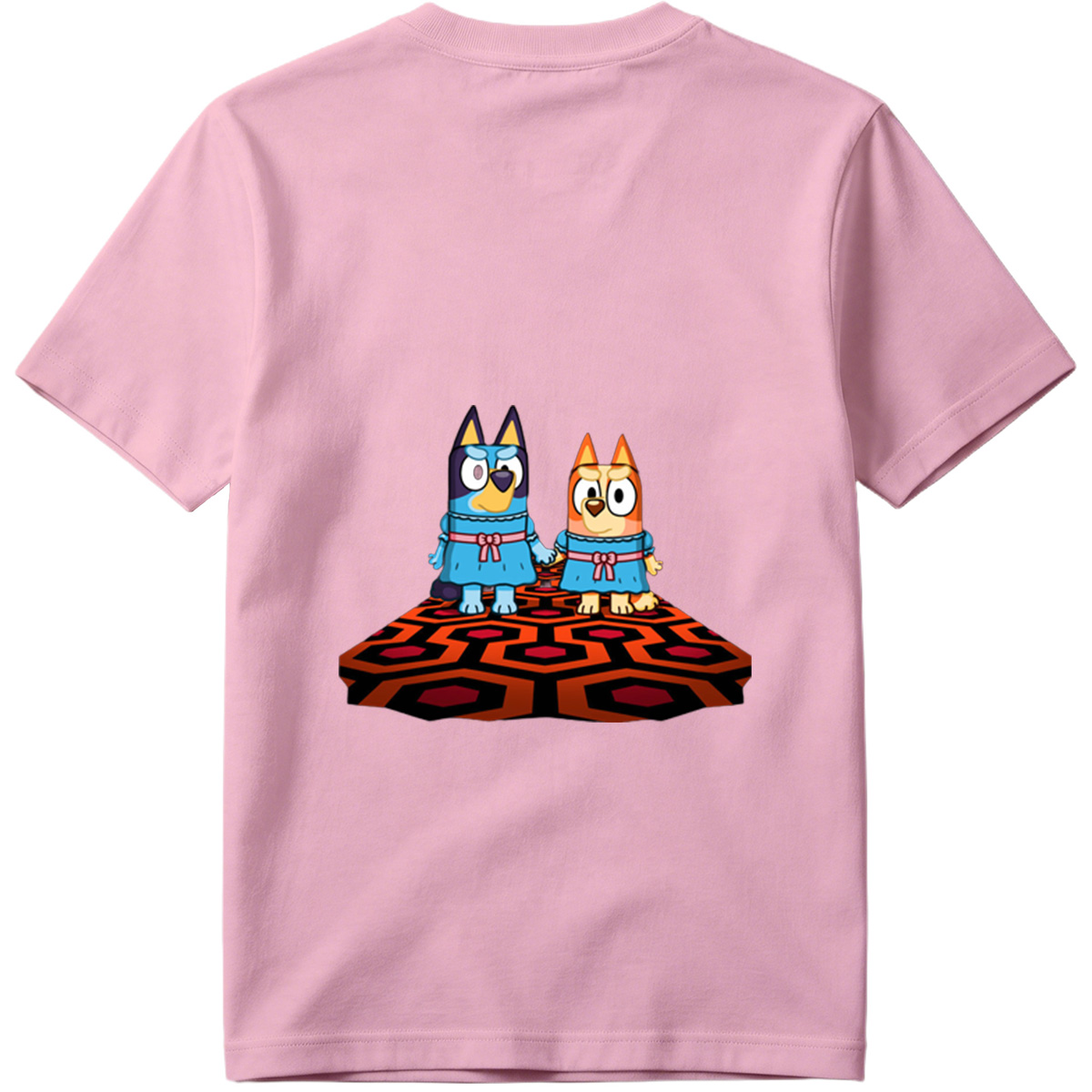 Bluey and Bingo in Matching Dresses on a Patterned Rug - Tee