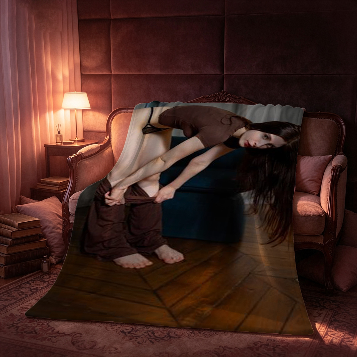 Aubrey Kate in brown crop top and flared pants standing barefoot in a living room. - Blanket