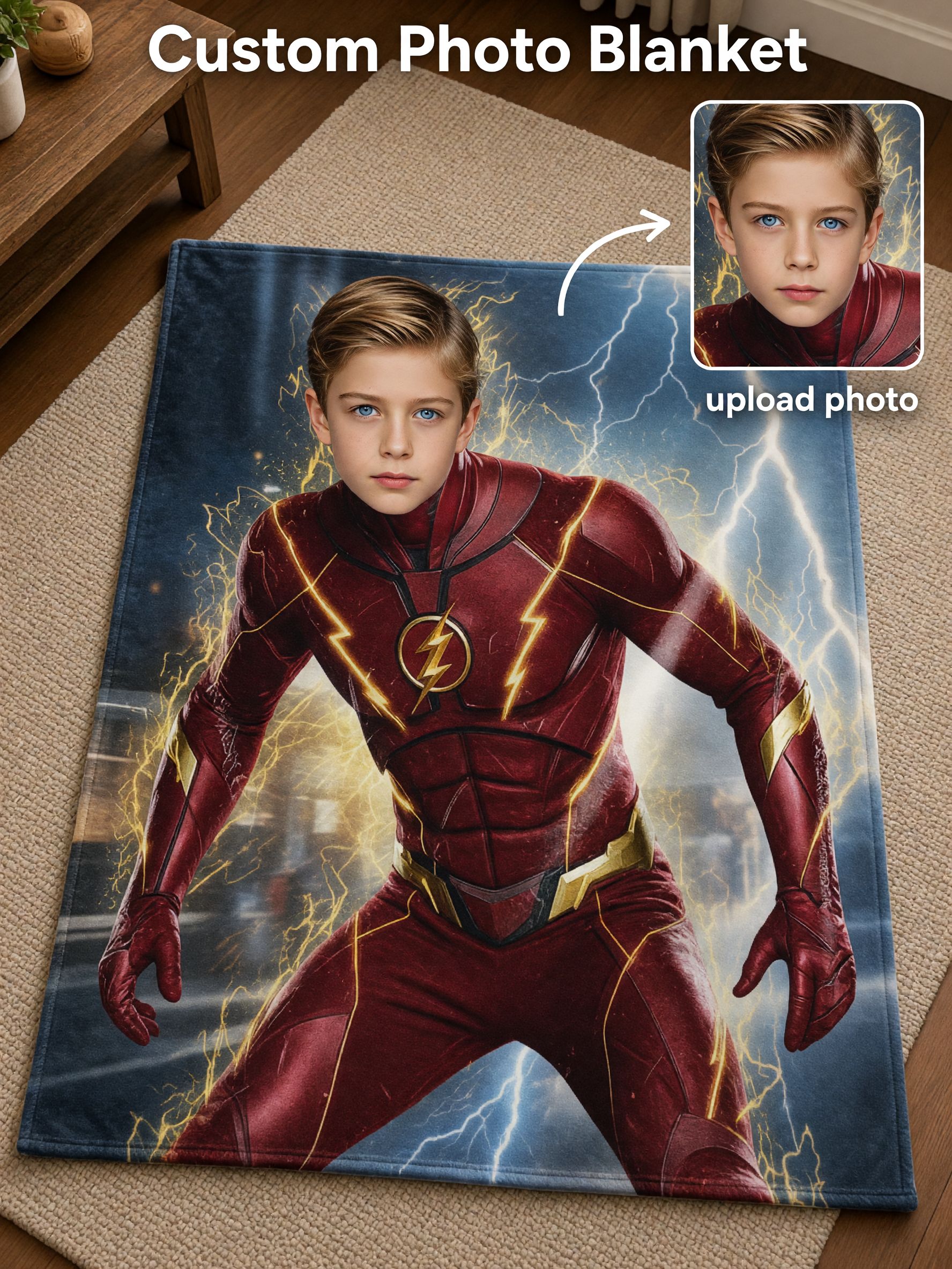 Personalized Face Superhero Flannel Blanket, Custom Photo Throw for Kids and Adults, Cozy Bed and Couch Gift