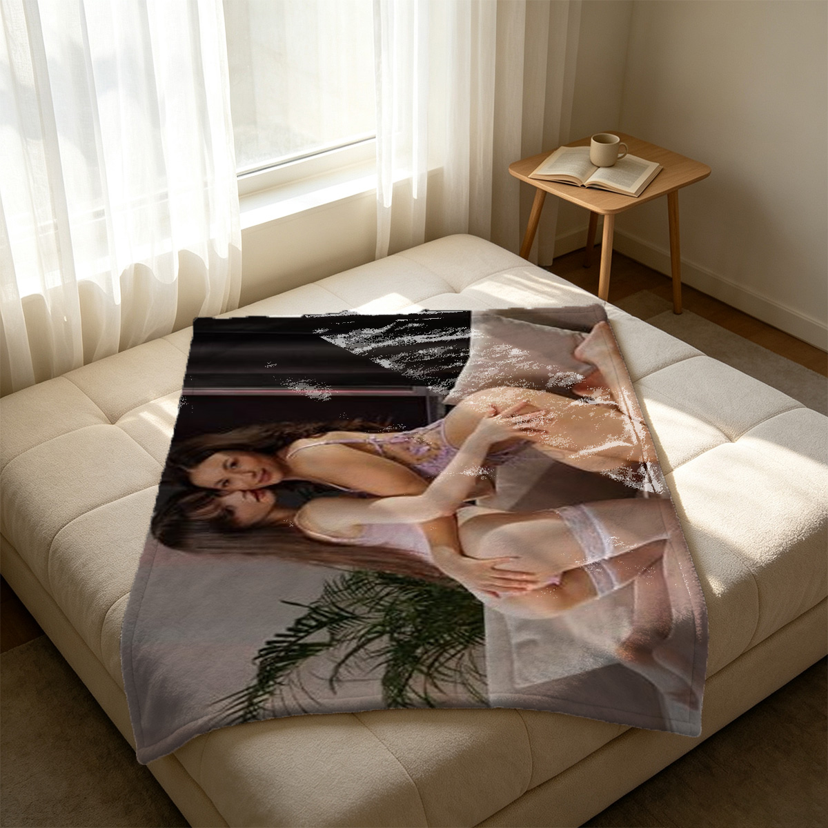 A seductive Asian beauty in black sheer lingerie and heart-shaped pasties lounging on a red leather chair. - Blanket