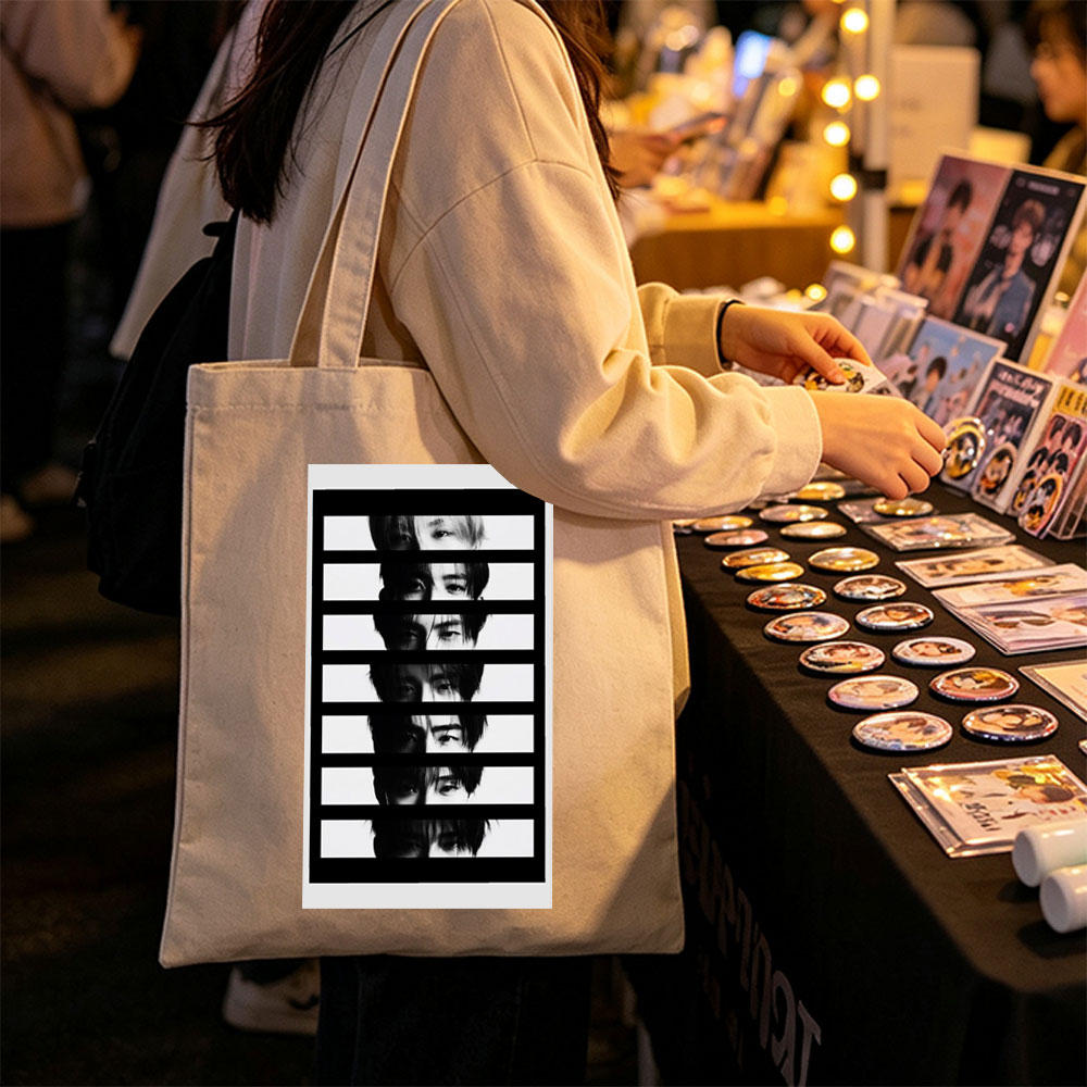 BTS Members in Black and White Striped Portrait with Fragmented Faces - Canvas tote bags